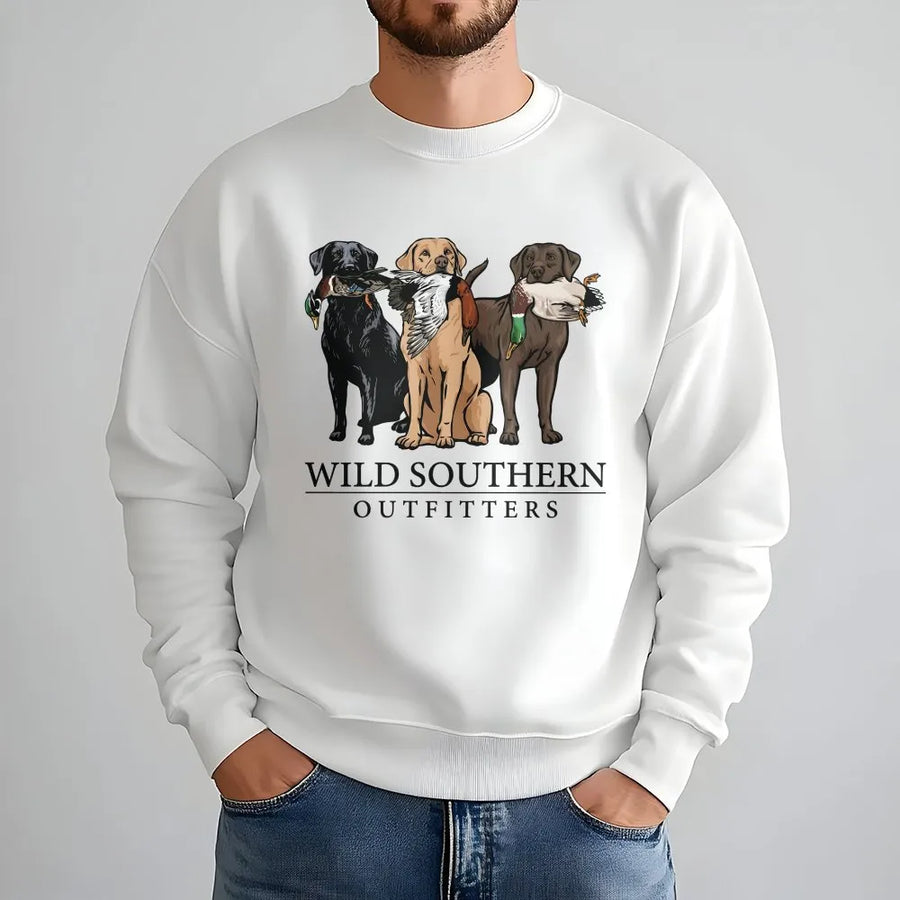 Hunting Dog Sweatshirt | Labrador Retriever Trio Duck Hunting Graphic | Premium Cotton-Blend | Gift for Outdoorsman and Dog Lover