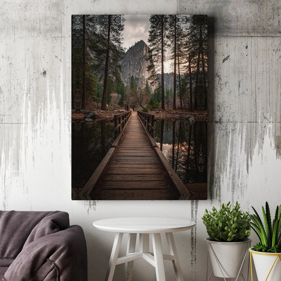 Mountain Forest Landscape Canvas Print | Wooden Bridge Reflection Artwork | Premium Gallery Wrap Wall Decor | Nature-Inspired Home Office Art