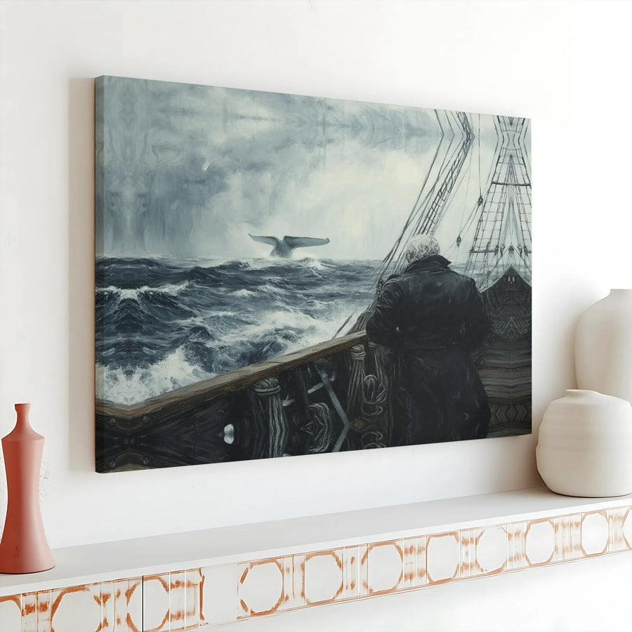 Whale Hunter Canvas Wall Art | Moody Nautical Storm Painting | Premium Gallery Wrap Decor | Captain at Sea Gift for Ocean Lovers
