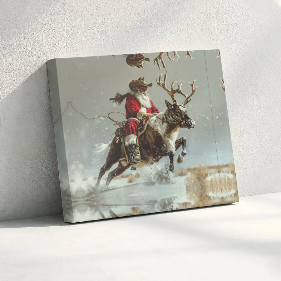 Western Cowboy Santa Claus Canvas Print | Rodeo Reindeer Riding Art | Premium 1.25" Gallery Wrap | Unique Christmas Holiday Wall Decor