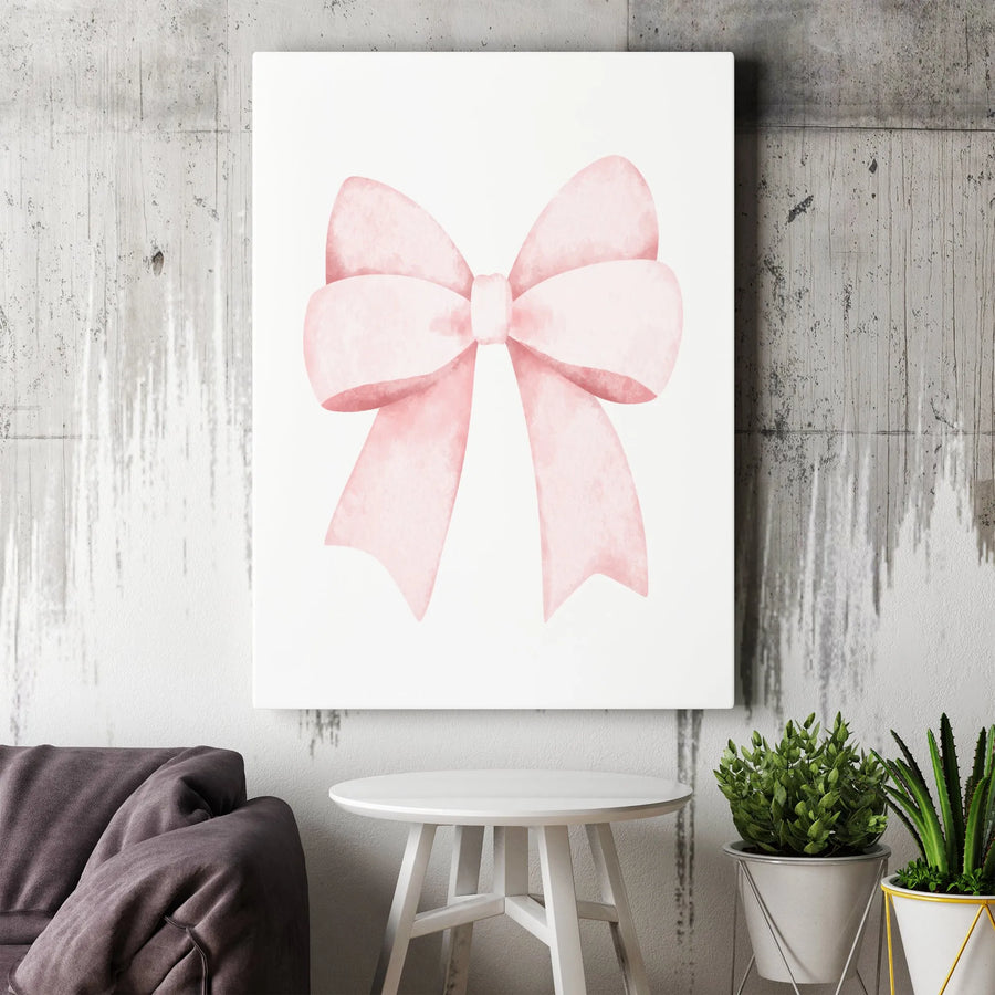 Pink Bow Wall Art | Watercolor Ribbon Illustration | Premium Gallery Wrapped Canvas | Minimalist Aesthetic Nursery Decor