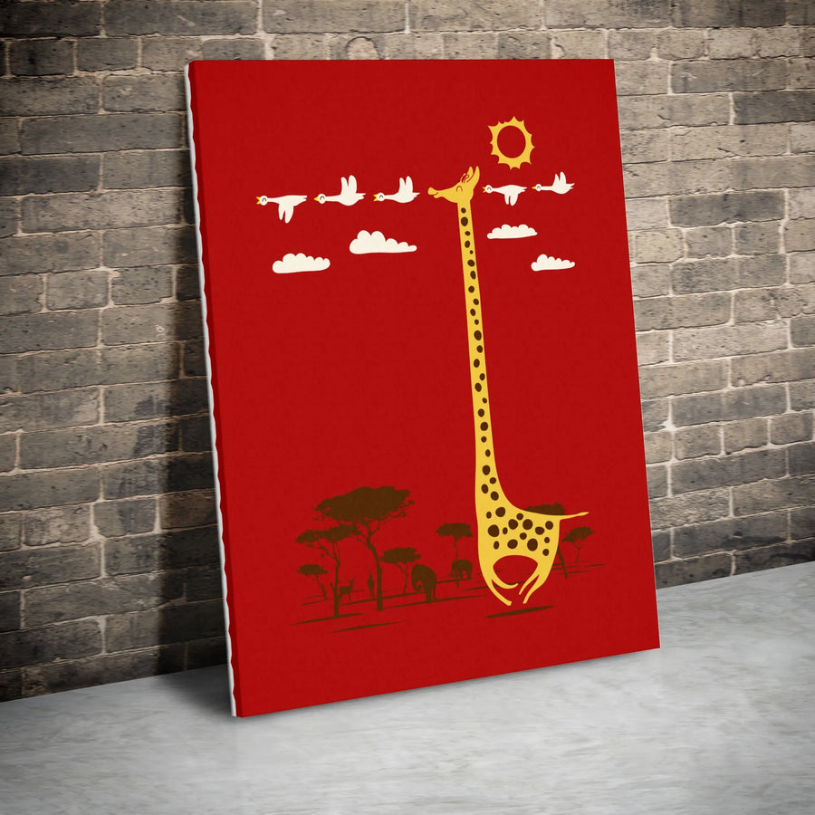Giraffe Canvas Wall Art | Funny Cartoon Safari Scene with Birds | Premium Gallery Wrapped Canvas | Nursery & Kids Room Decor Gift