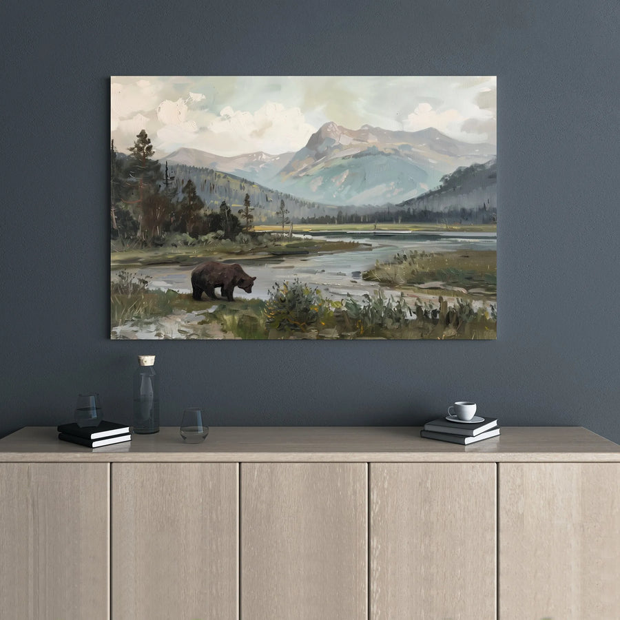 Brown Bear Canvas Print | Mountain River Landscape Wall Art | Premium 1.25" Gallery Wrap | Nature Lover Home Decor Gift