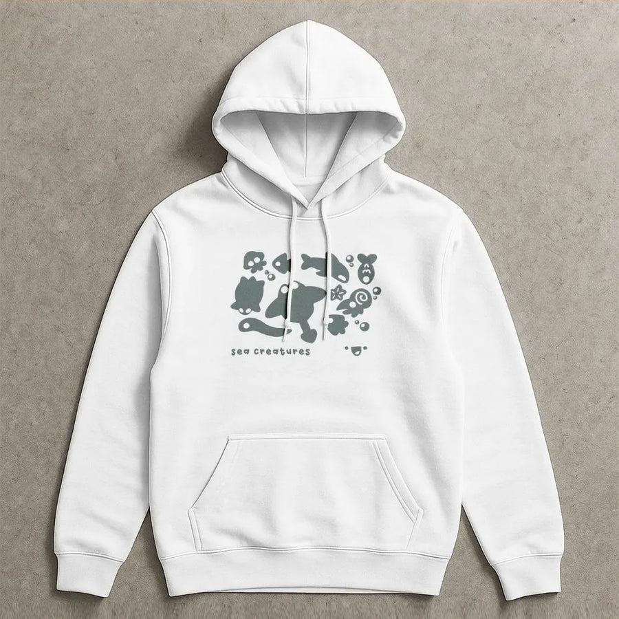 Sea Creatures Graphic Hoodie | Cute Marine Life Cartoon Illustration | Soft Cotton-Poly Blend | Premium Unisex Pullover Gift for Ocean Lovers