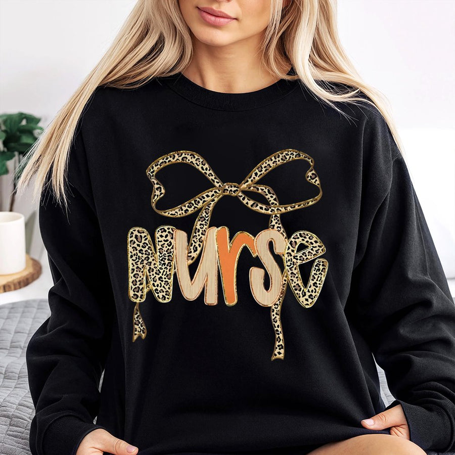 Nurse Sweatshirt | Preppy Leopard Bow Graphic | Premium Cotton Blend | Cute Nursing Student Graduation Gift Idea for Women