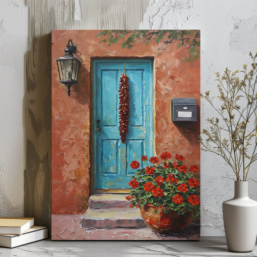 Blue Door Canvas Wall Art | Impasto Southwest Chili Ristra Print | Gallery Wrap Home Decor | Mediterranean Style Gift for Living Room