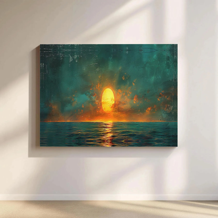 Abstract Ocean Sunset Canvas Wall Art | Glowing Gold Sun Horizon Print | Premium 1.25-Inch Gallery Wrap | Modern Home Decor Gift