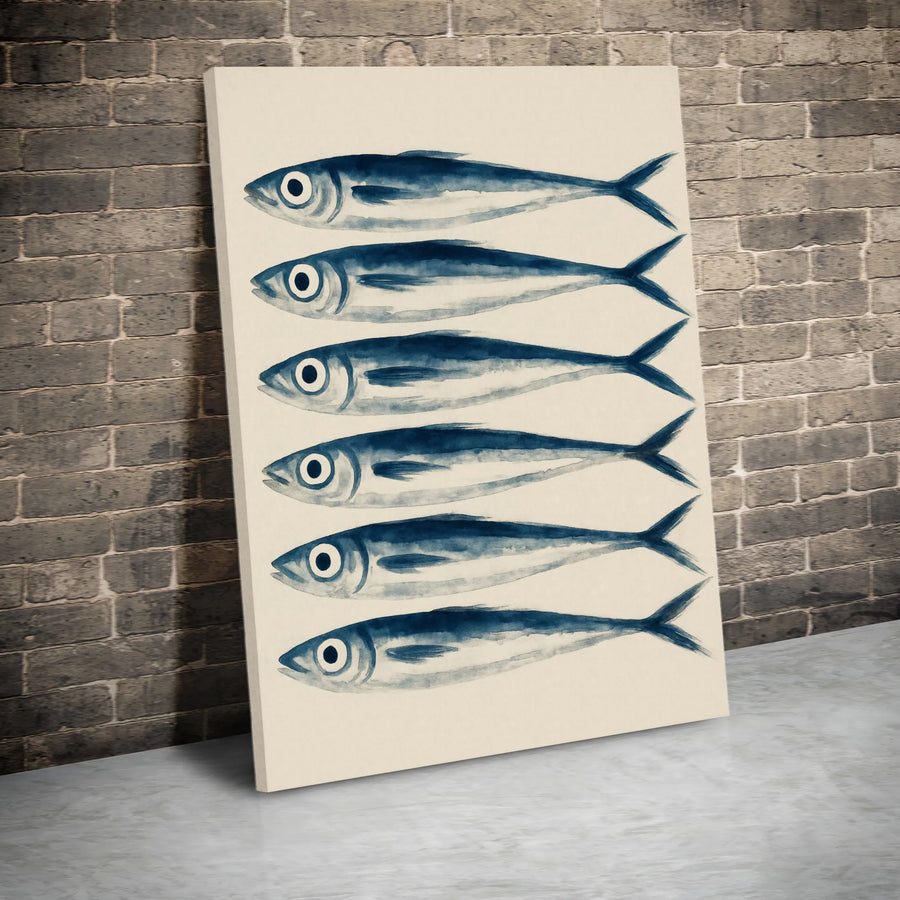 Sardine School Wall Art | Coastal Watercolor Fish Print | Premium Gallery Wrapped Canvas | Beach House Decor for Kitchen or Dining Room