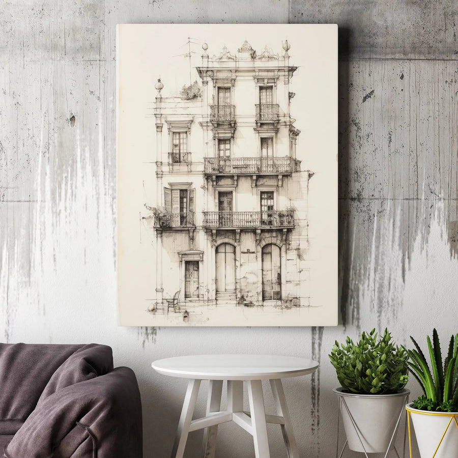 European Architectural Sketch Wall Art | Detailed City Building Drawing | Premium Gallery Wrapped Canvas | Minimalist Home Decor Gift