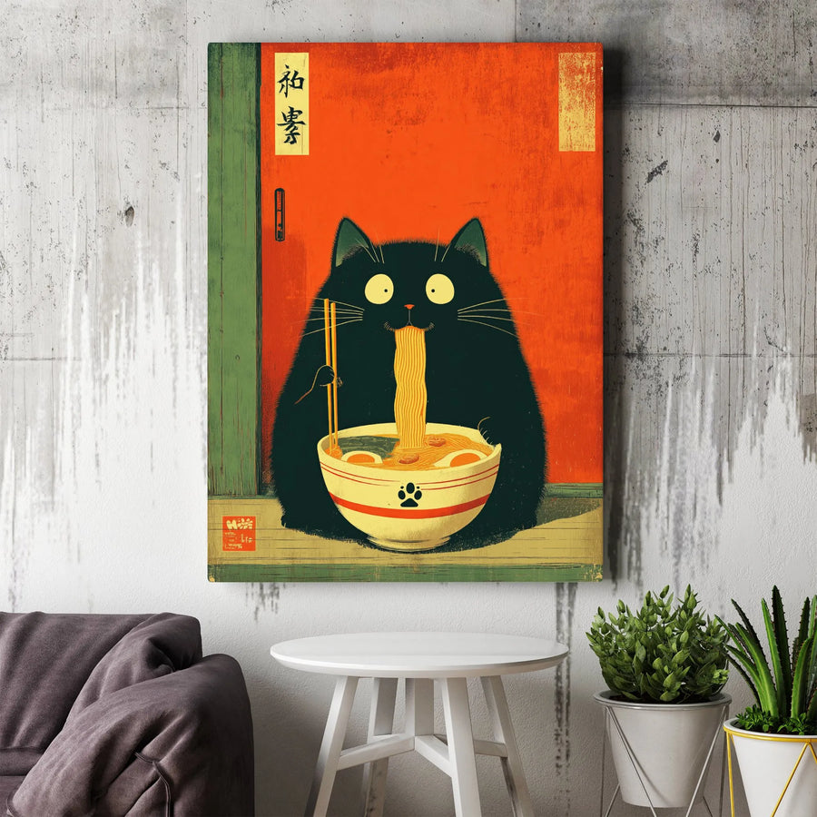 Funny Black Cat Ramen Canvas Wall Art | Vintage Japanese Ukiyo-e Style Print | Premium 1.25" Gallery Wrap | Unique Kitchen Decor Gift for Cat Lovers