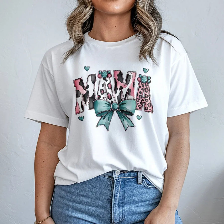 Mama Graphic T-Shirt | Leopard Print Bow Design | Premium Soft Cotton | Stylish Gift for Mom Mother's Day 2026 Birthday Shirt