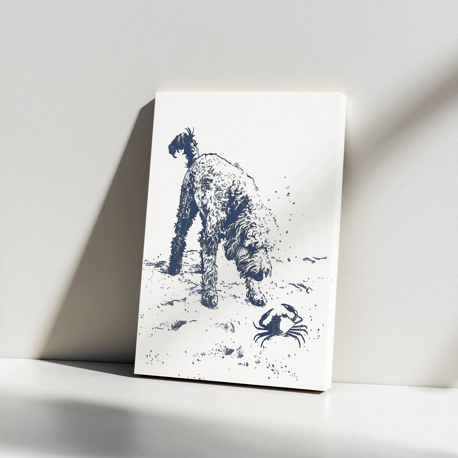Doodle Dog Wall Art | Beach Sketch With Crab | Premium Gallery Wrapped Canvas | Coastal Decor Gift For Dog Lovers