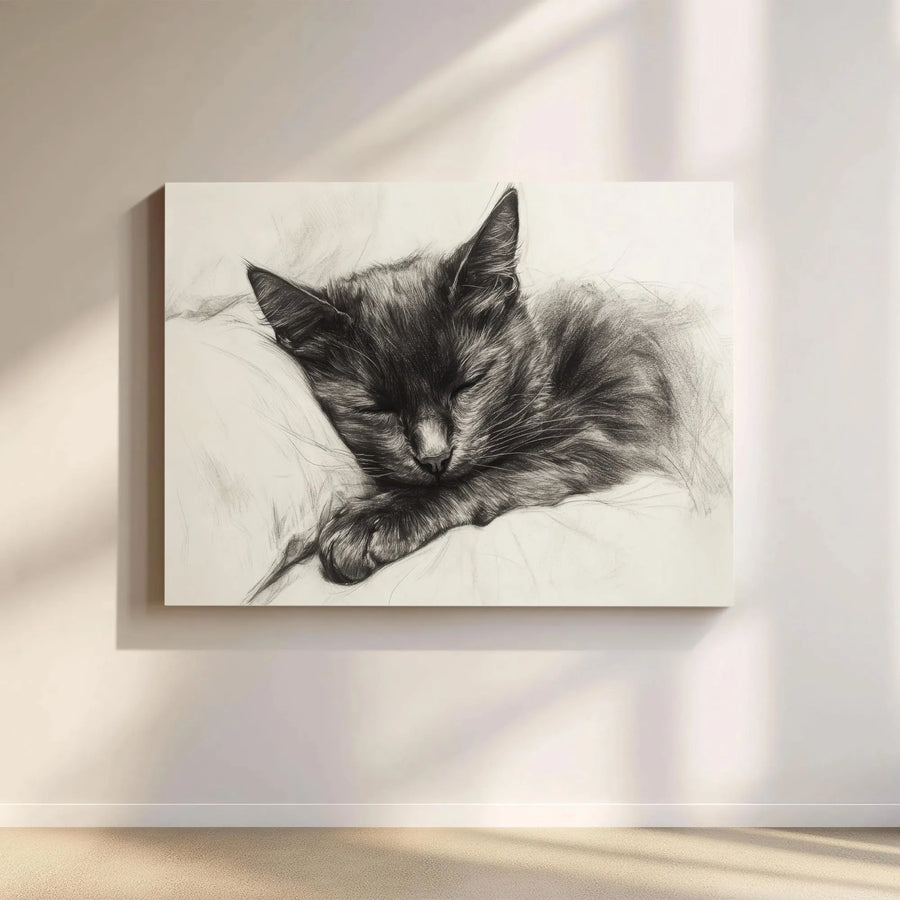 Sleeping Kitten Wall Art | Pencil Sketch Cat Illustration | Premium Gallery Wrap Canvas | Nursery Or Home Office Decor Gift