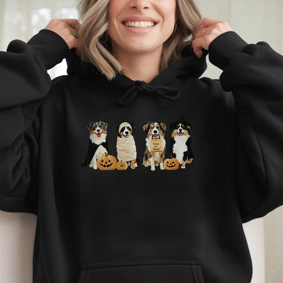 Australian Shepherd Halloween Hoodie | Cute Aussie Dogs Trick Or Treat Graphic | Premium Cotton-Poly Blend | Spooky Fall Gift For Dog Lovers