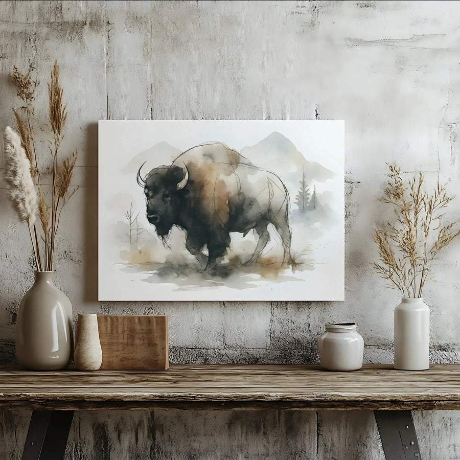 American Bison Canvas Wall Art | Watercolor Wildlife Mountain Landscape | 1.25 Inch Gallery Wrap | Rustic Lodge & Modern Home Decor