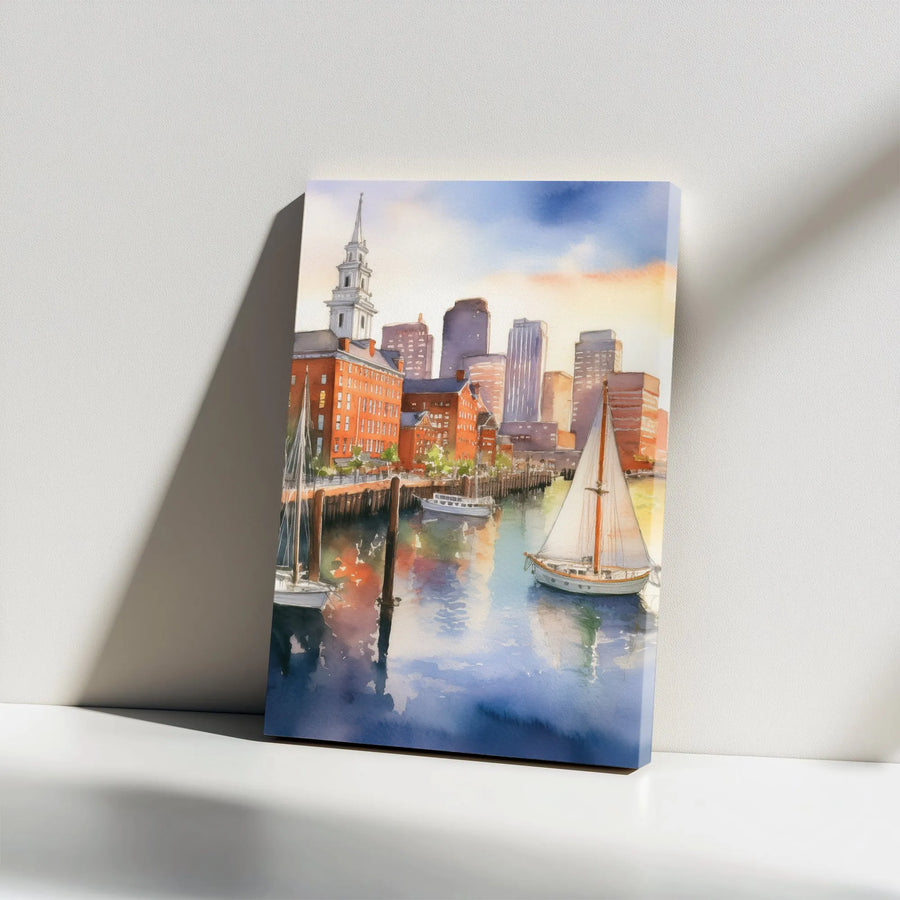 Boston Harbor Watercolor Vertical Canvas | Scenic Sailboat & City Skyline Wall Art | Premium 1.25" Frameless Gallery Wrap | Coastal Home Office Decor Gift