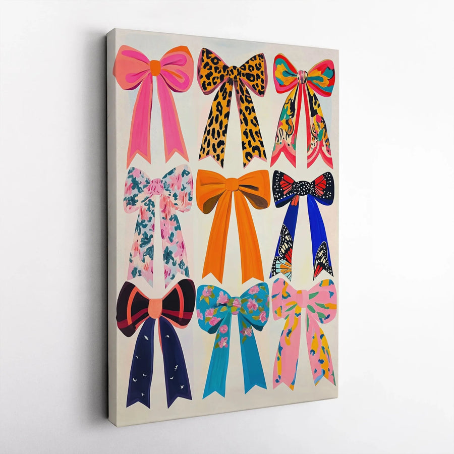 Preppy Bows Wall Art | Colorful Ribbon Bow Patterns | Premium Gallery-Wrapped Canvas Print | Cute Aesthetic Decor for Bedroom or Dorm
