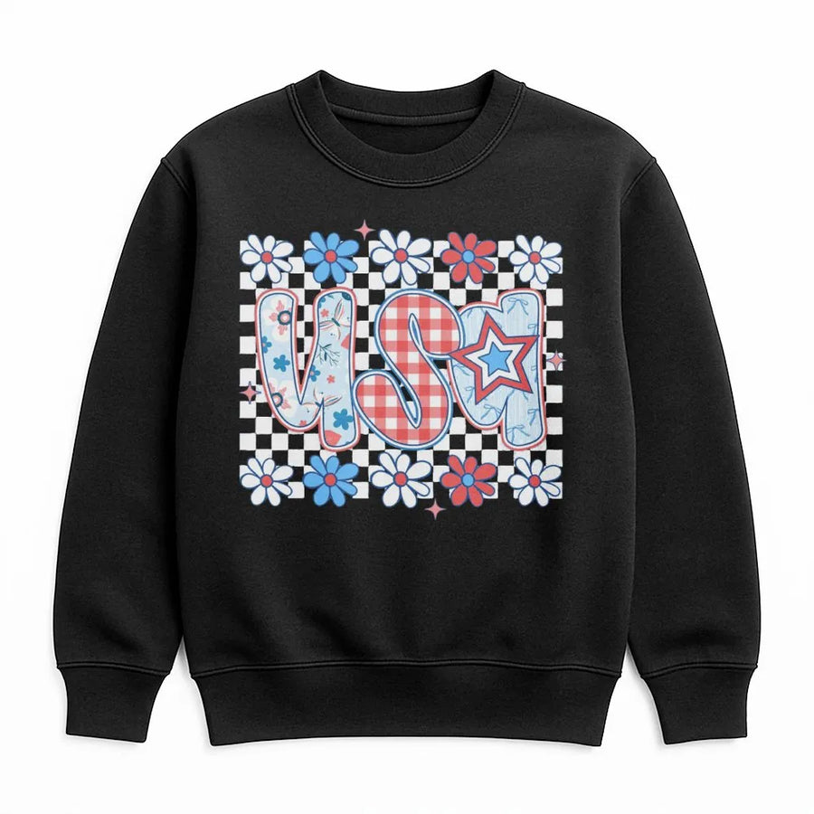Patriotic USA Sweatshirt | Coquette Floral Checkerboard Graphic | Soft Cotton Blend | Preppy 4th of July Gift for Women
