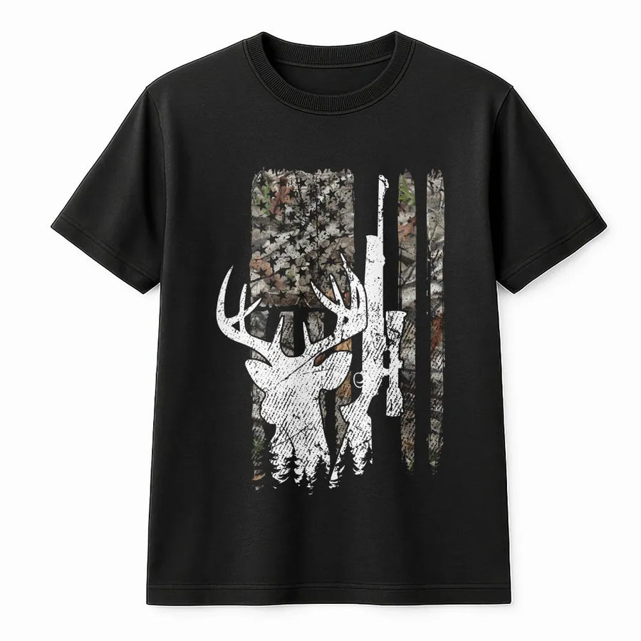 Deer Hunting American Flag T-Shirt | Distressed Buck Skull Camo Graphic | Premium Cotton Blend | Patriotic Gift for Hunter Dad