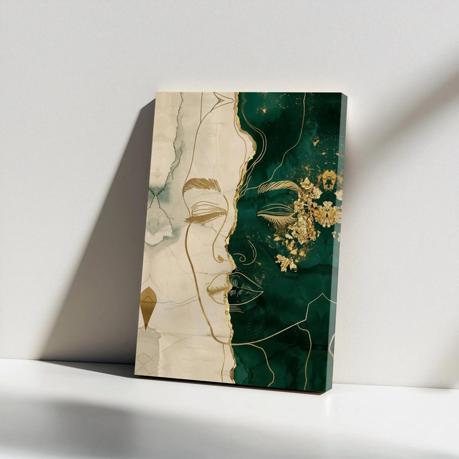 Abstract Woman Portrait Vertical Canvas | Emerald Green & Gold Foil Style | Premium 1.25" Gallery Wrap | Elegant Living Room Decor & Housewarming Gift
