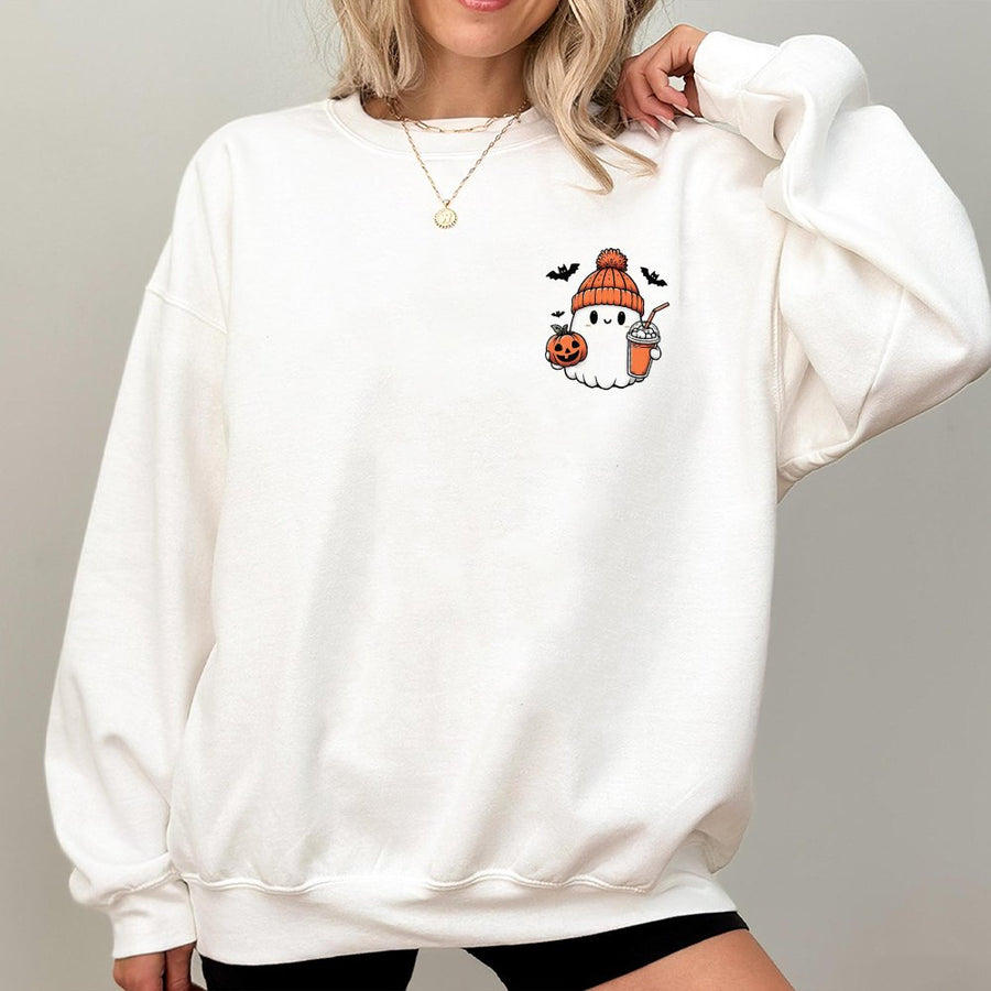 Cute Ghost Coffee Sweatshirt | Spooky Fall Pumpkin Graphic | Premium Cotton Blend | Halloween Gift for Women and Men