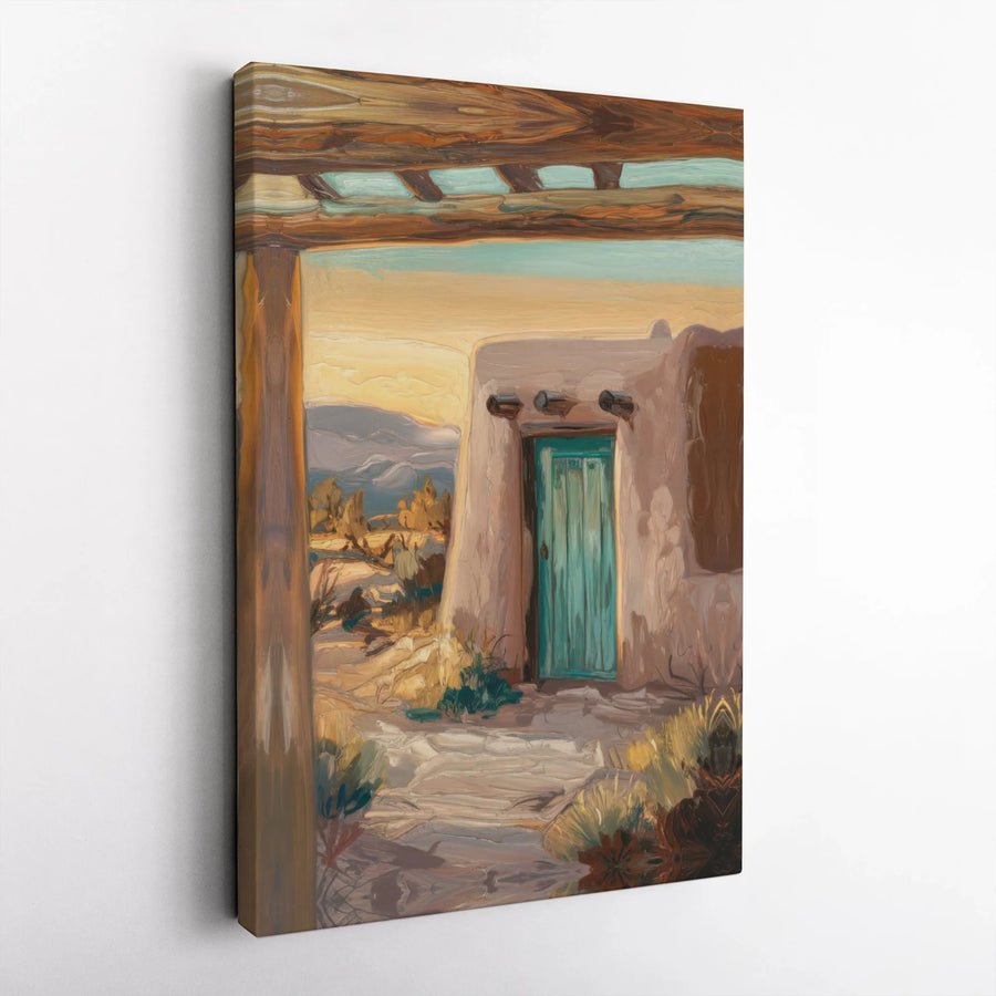 Southwestern Adobe Canvas Print | Rustic Teal Door Desert Scene | Premium Gallery Wrapped Canvas | Rustic Living Room Decor Gift
