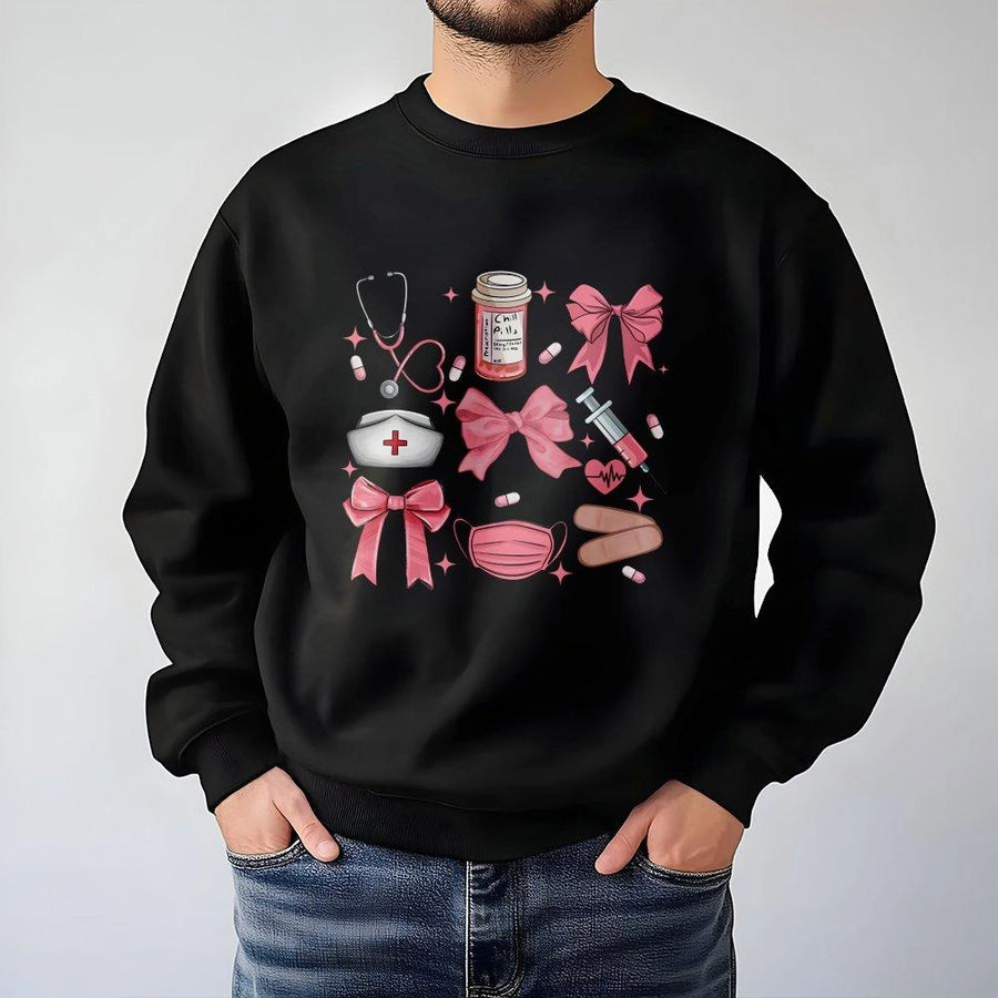 Coquette Nurse Sweatshirt | Pink Bow Medical Graphic Design | Cotton Blend Crewneck | Gift for Nurse RN CNA Student