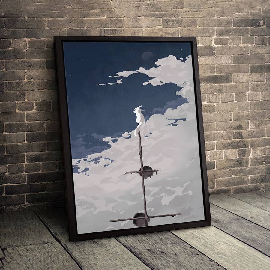 Surreal White Rabbit Wall Art | Dreamy Night Sky Cloud Canvas Print | Premium 1.25-inch Gallery Wrap | Whimsical Home Decor Gift for Rabbit Lovers