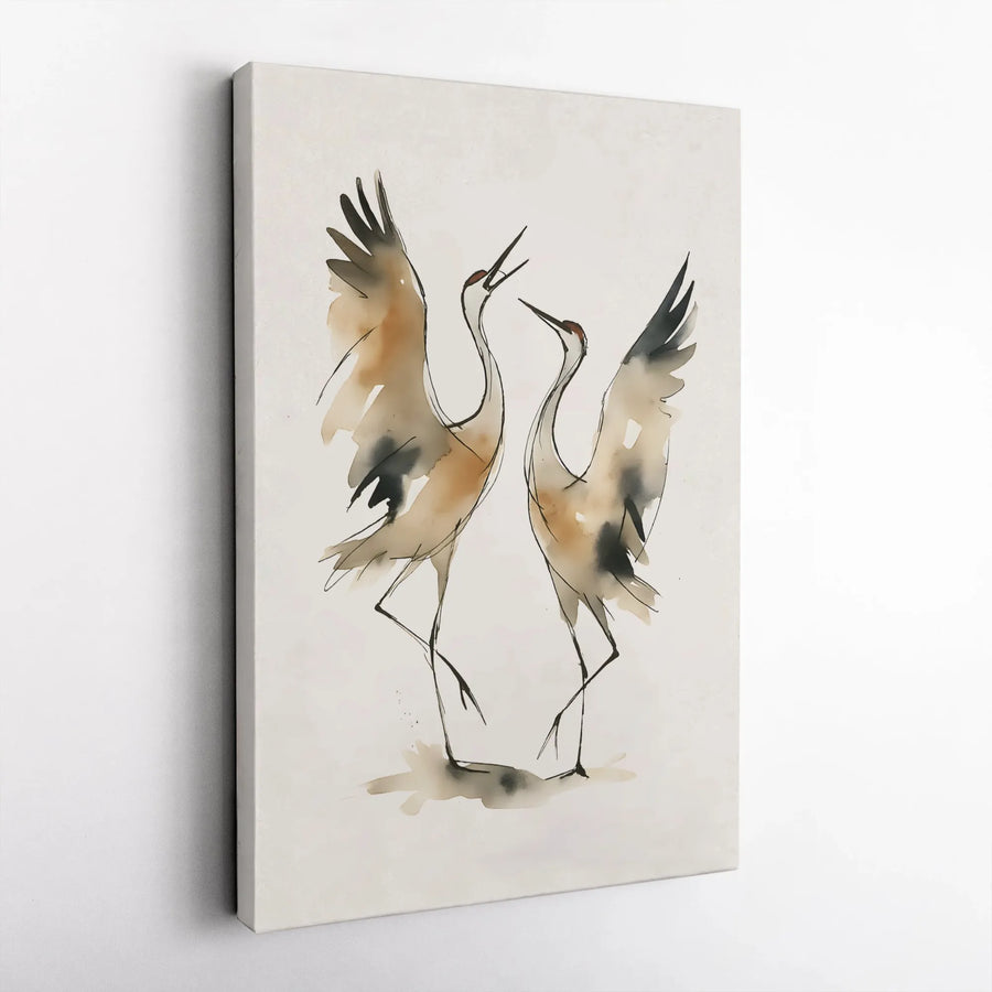 Dancing Cranes Vertical Canvas | Japanese Watercolor Ink Wash Painting | Premium Gallery Wrapped Canvas | Modern Zen Home Decor Gift
