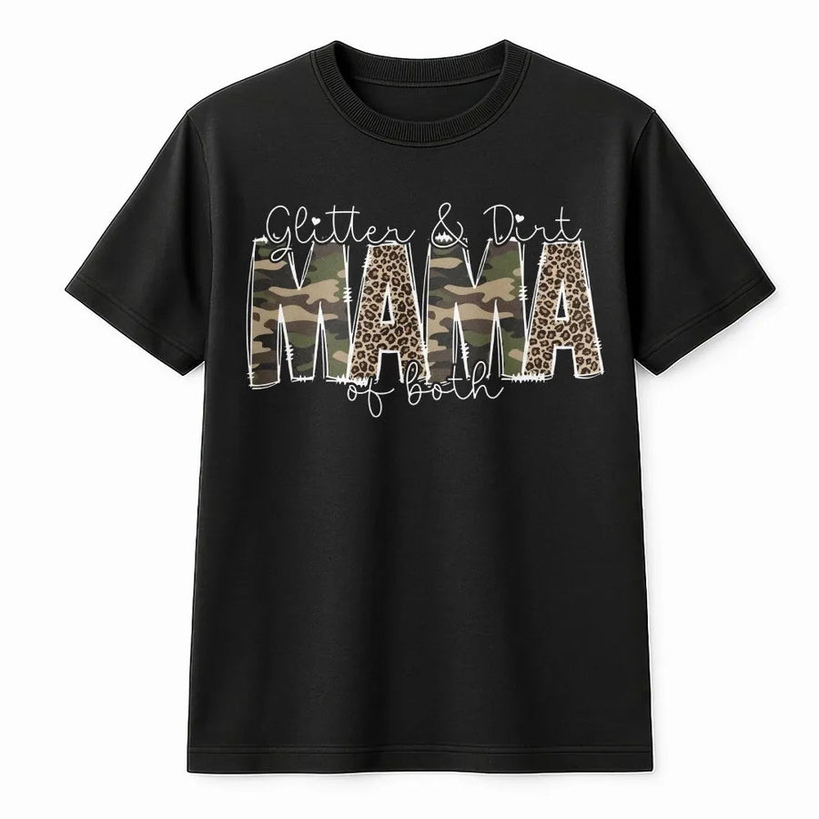 Mama of Both T-Shirt | Glitter & Dirt Leopard and Camo Print | Soft Cotton Tee | Cute Boy and Girl Mom Gift