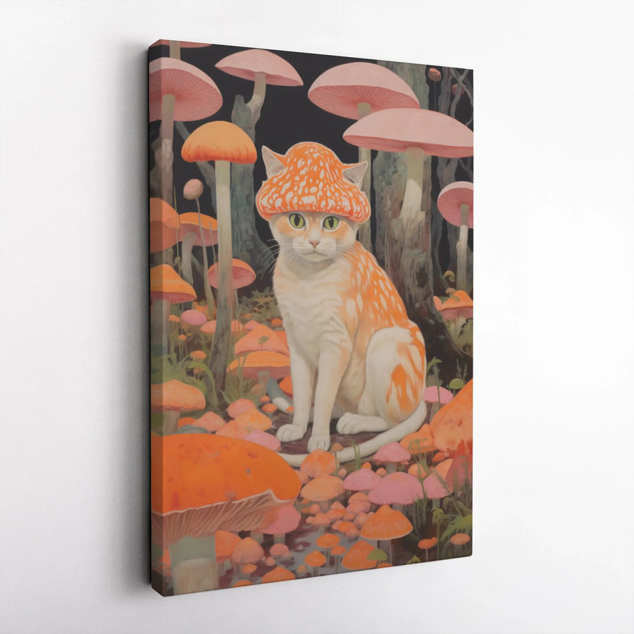 Orange Cat Canvas Print | Whimsical Mushroom Hat Forest Art | Premium Gallery Wrapped Decor | Nature Lover Gift Idea