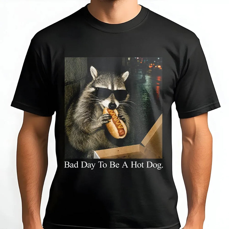 Funny Raccoon Meme T-Shirt | Bad Day To Be A Hot Dog Graphic Sweatshirt | Soft Cotton-Blend Pullover | Unisex Gift for Animal Lovers
