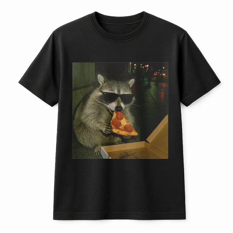 Raccoon Eating Pizza T-Shirt | Cool Sunglasses Animal Meme Graphic | Premium Soft Cotton Tee | Funny Gift For Animal Lovers And Men Women