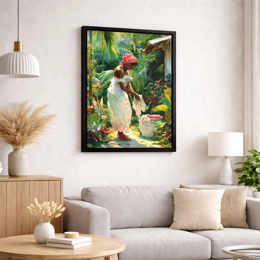 Black Woman Art Canvas | Tropical Garden Laundry Scene | Premium Gallery-Wrapped Print | Cultural Wall Decor for Home Office