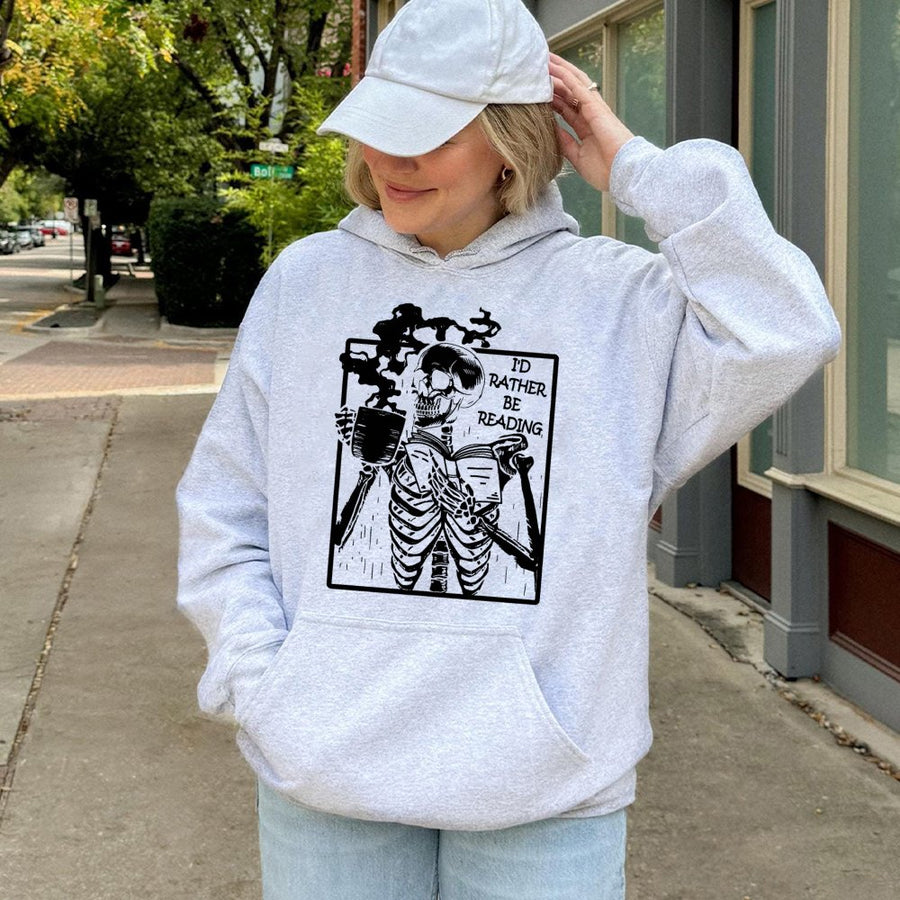 I'd Rather Be Reading Hoodie | Skeleton Book Lover Graphic | Premium Cotton Blend Unisex Sweatshirt | Gift for Readers Bookworm Apparel
