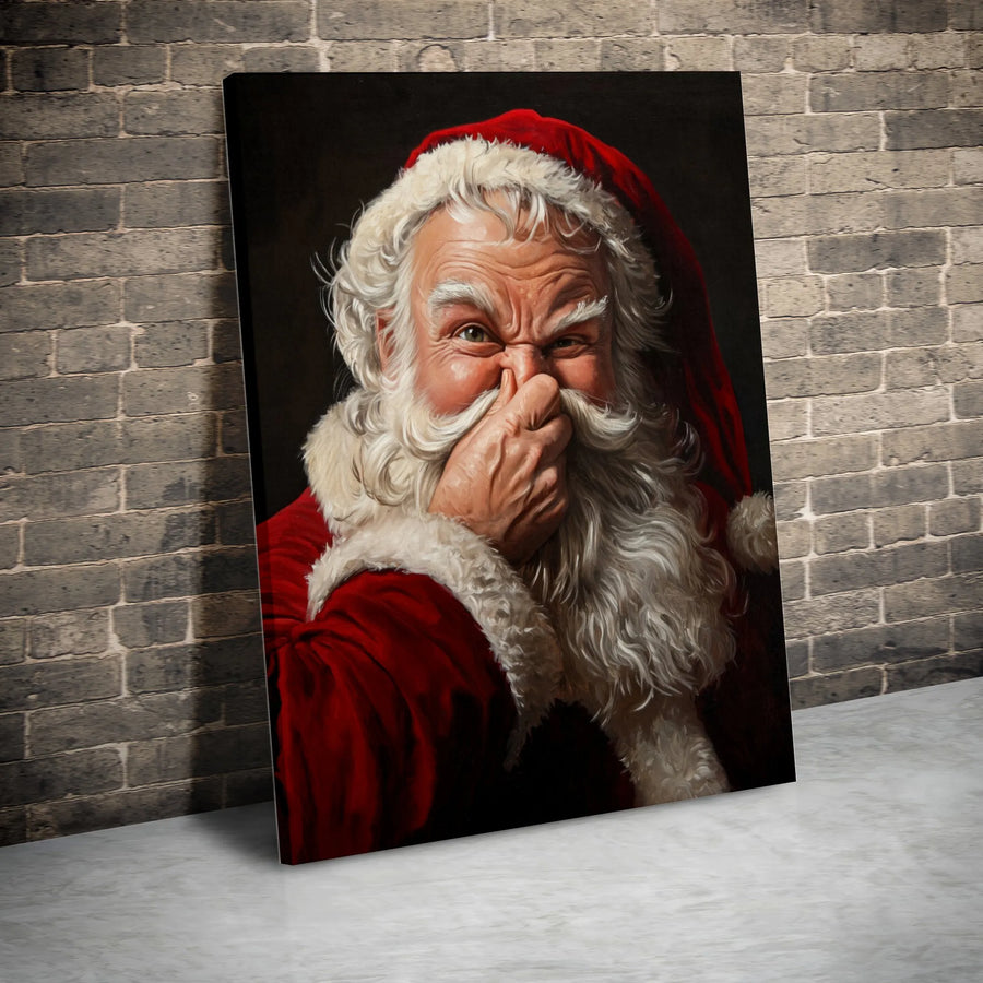 Funny Santa Claus Canvas Wall Art | Whimsical Holding Nose Holiday Portrait | Premium Gallery Wrapped Print | Unique Christmas Gift for Home Decor