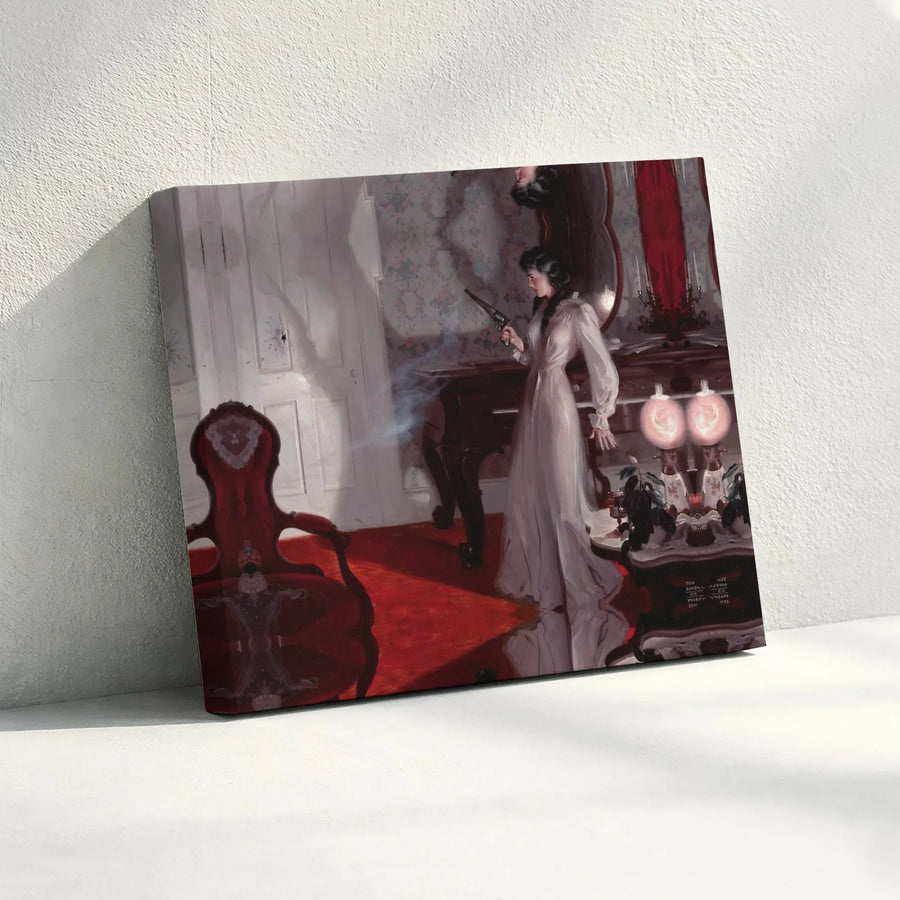 Vintage Mystery Wall Art | Woman With Smoking Gun Canvas Print | Premium Gallery Wrap Decor | Dark Academia Home Office Gift