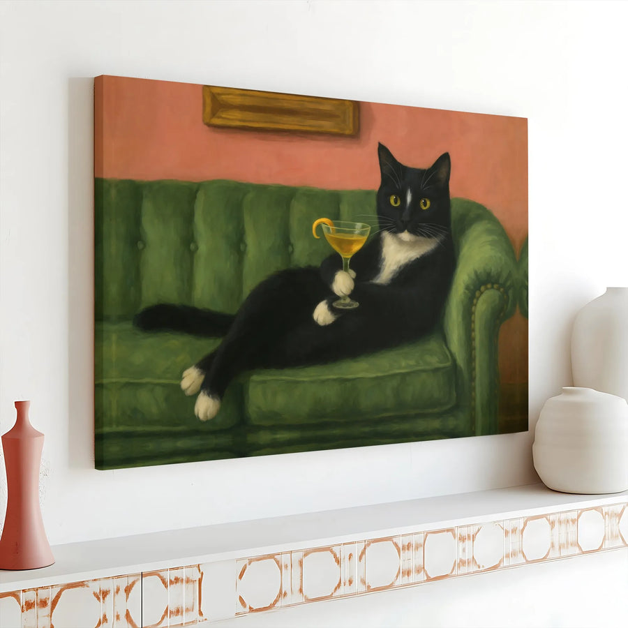 Tuxedo Cat Wall Art | Funny Sophisticated Cat Drinking Cocktail | Premium Gallery Wrapped Canvas | Quirky Home Decor Gift for Cat Lovers