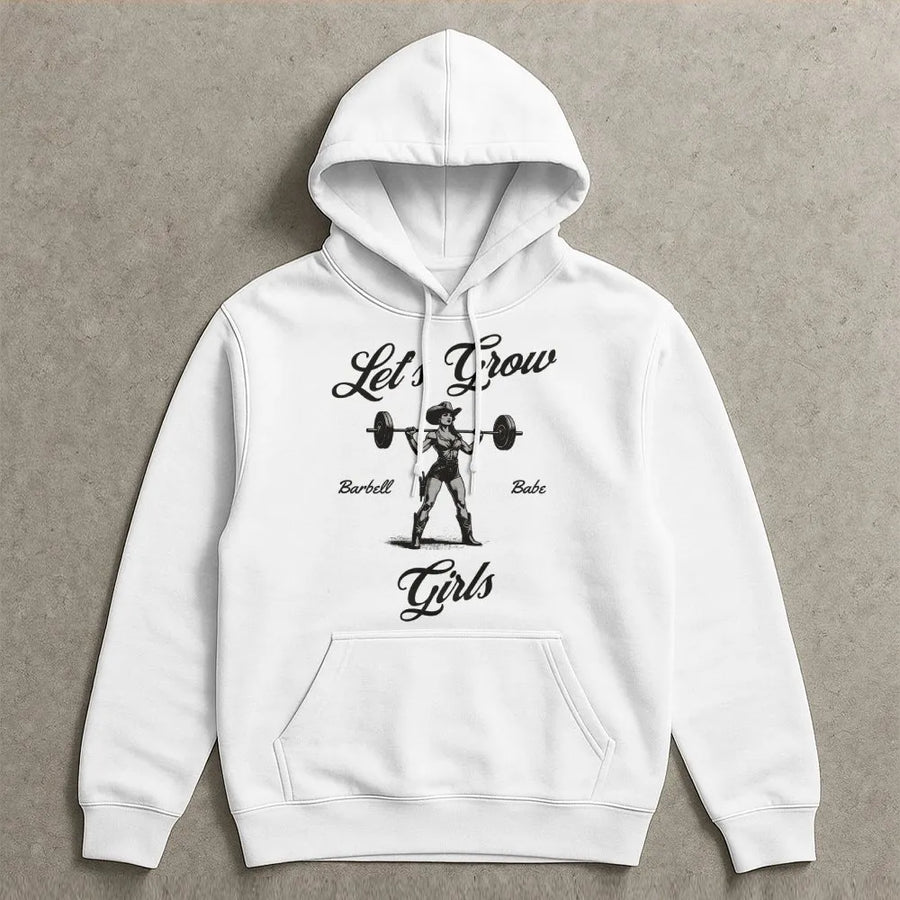 Let's Grow Girls Gym Hoodie | Western Cowgirl Barbell Design | Premium Cotton-Poly Blend | Fitness Gift for Her & Weightlifting Enthusiasts