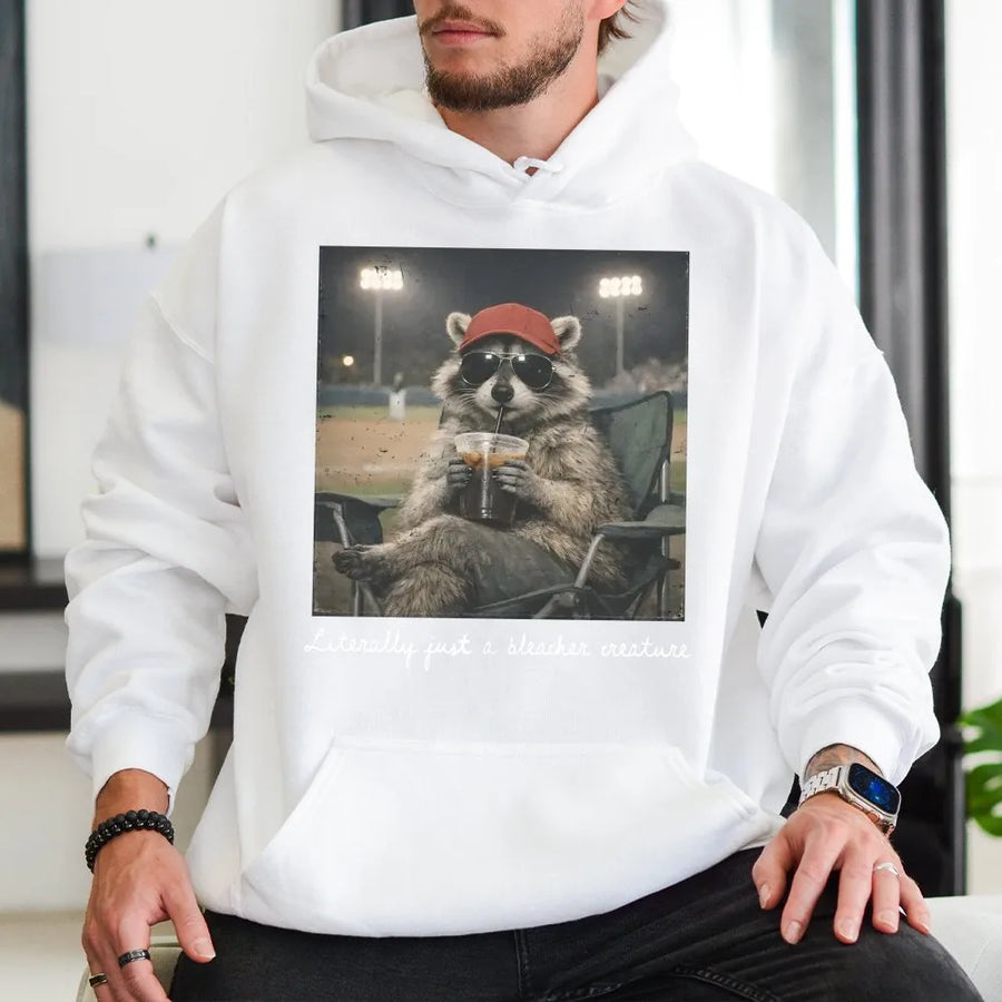 Raccoon Baseball Hoodie | Funny Bleacher Creature Graphic | Soft Cotton-Poly Blend | Gift for Baseball Mom or Softball Fan