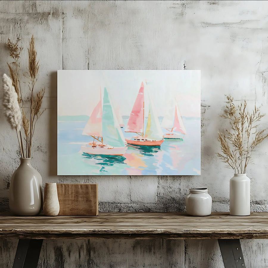 Pastel Sailboat Canvas Wall Art | Watercolor Ocean Seascape Painting | Premium Gallery Wrap Print | Coastal Home Decor For Beach House Living