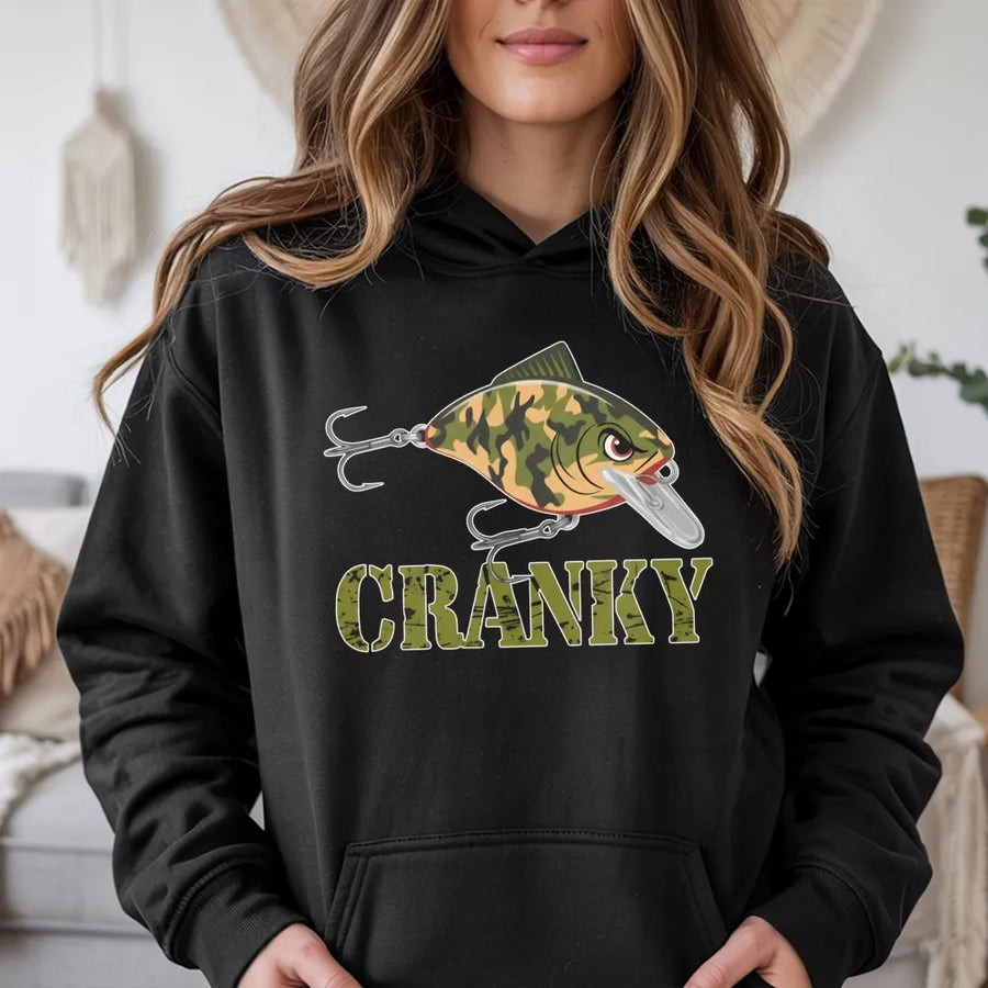 Cranky Bass Fishing Hoodie | Funny Camo Crankbait Graphic | Premium Soft Blend Apparel | Gift for Anglers and Fisherman
