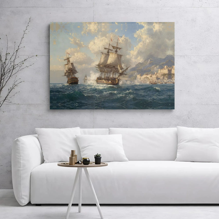 Historical Naval Battle Canvas Wall Art | Tall Ships Sea War Print | Premium Gallery Wrap Wooden Frame | Nautical Home Office Decor Gift