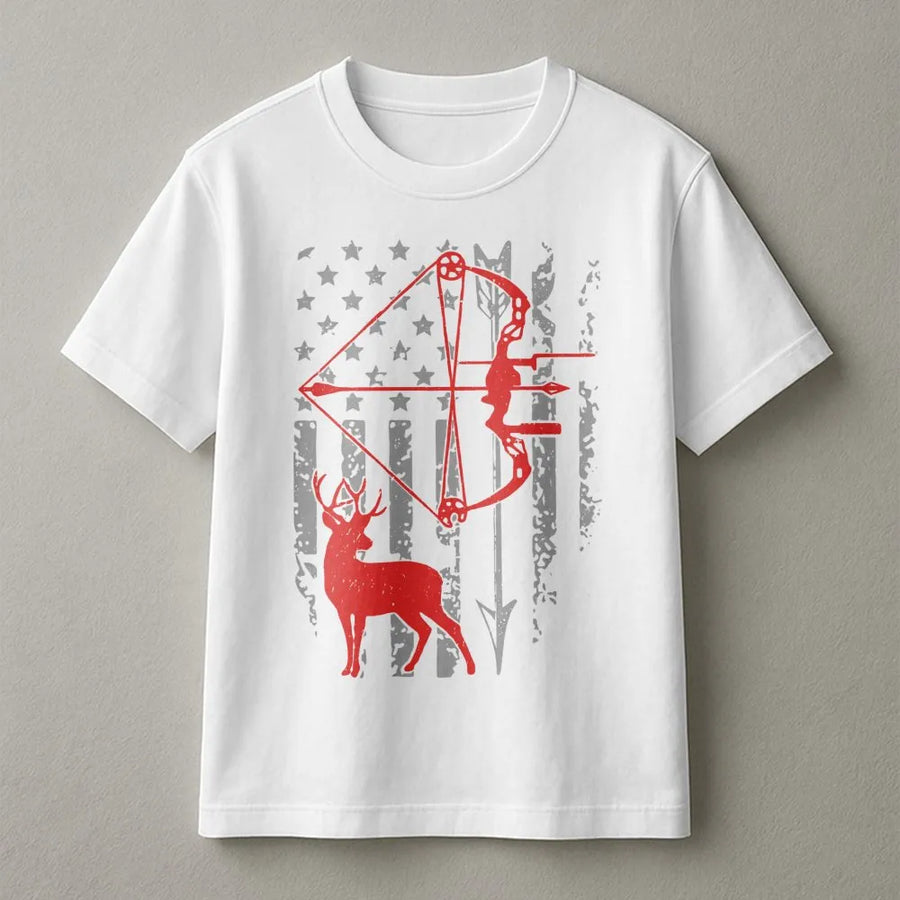 Bow Hunting T-Shirt | Patriotic Deer American Flag Graphic | Premium Soft Cotton Tee | Gift for Hunters and Outdoorsmen