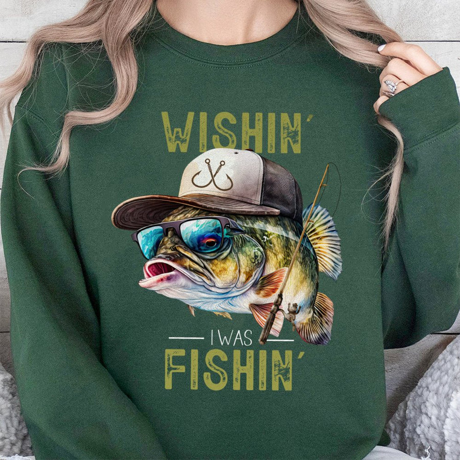 Wishin' I Was Fishin' Sweatshirt | Cool Bass Fishing Graphic | Premium Cotton Blend | Gift For Fisherman And Outdoor Enthusiast