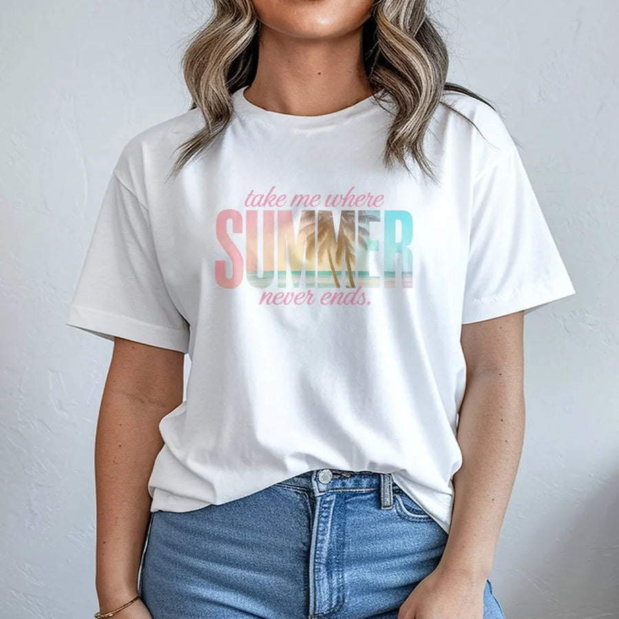 Summer Never Ends T-Shirt | Coastal Aesthetic Palm Tree Graphic | Premium Cotton Blend | Gift for Beach Lover