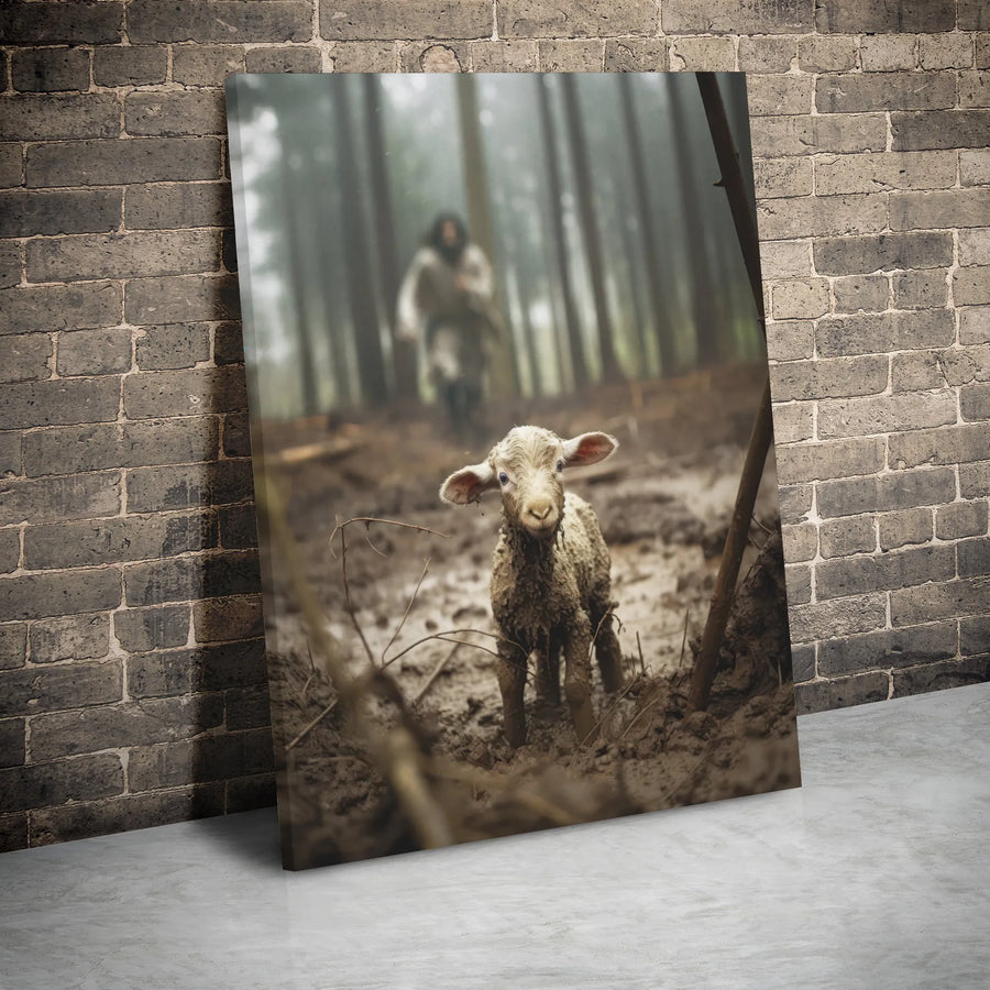 Jesus The Good Shepherd Canvas Art | Lost Lamb In Muddy Forest Print | Premium Gallery Wrap Wall Decor | Christian Religious Home Gift
