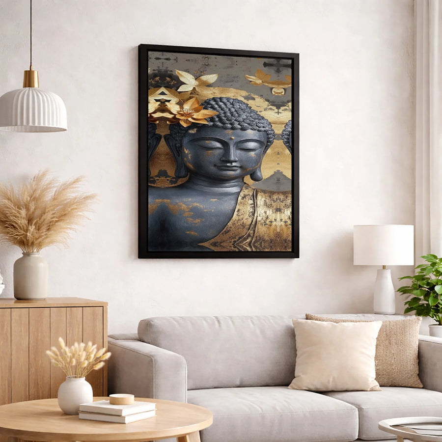 Buddha Canvas Wall Art | Meditation Zen Gray and Gold Decor | Premium Gallery Wrap 1.25" Profile | Spiritual Home Office Gift