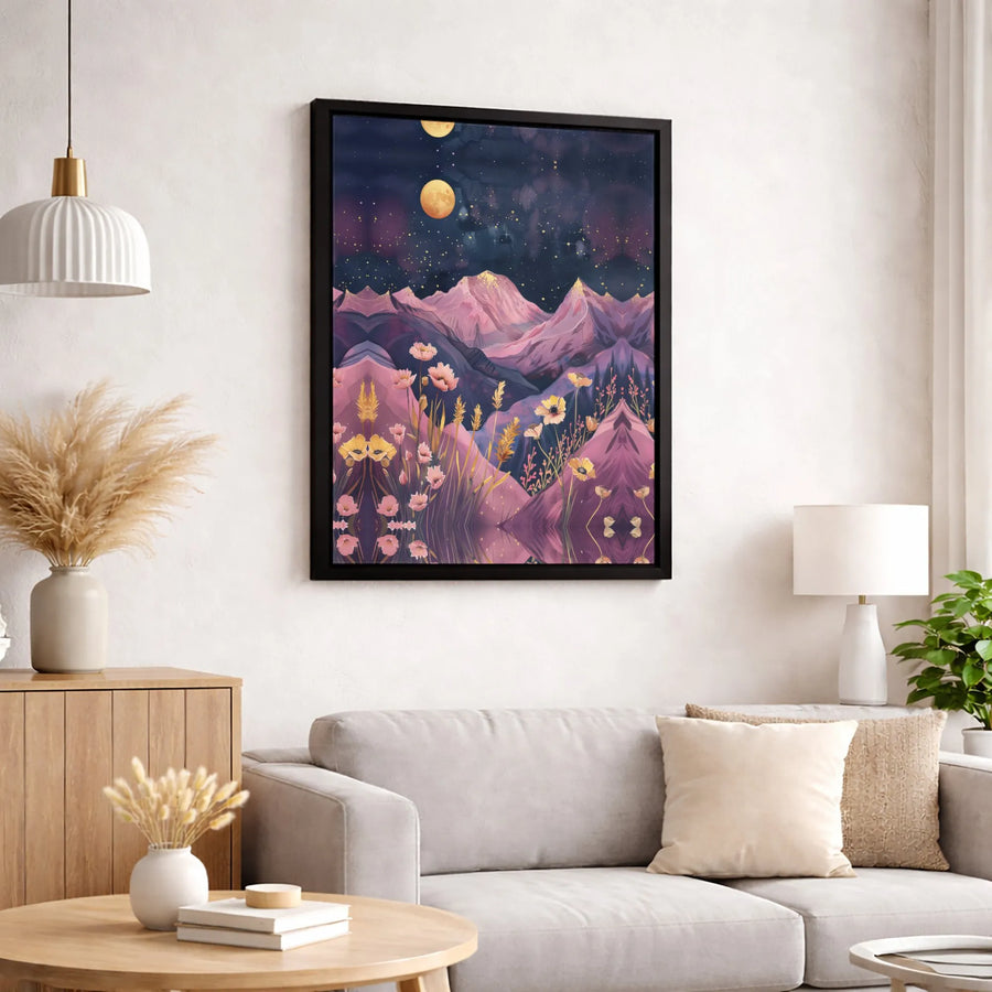 Mystical Mountain Canvas Wall Art | Surreal Poppies and Dual Moon Landscape | 1.25 Inch Gallery Wrap | Premium Home Decor Print
