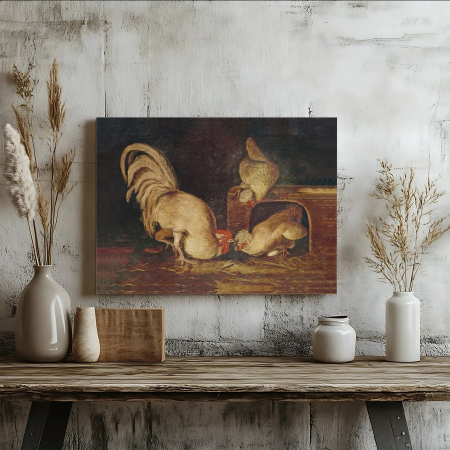 Vintage Rooster and Hens Canvas Print | Classic Farmhouse Oil Painting Reproduction | Premium Gallery Wrapped Canvas | Rustic Kitchen and Country Home Decor Gift